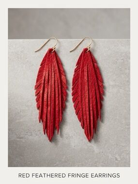 Red Leather Handmade Feather Fringe Drop Earrings with Gold Hooks